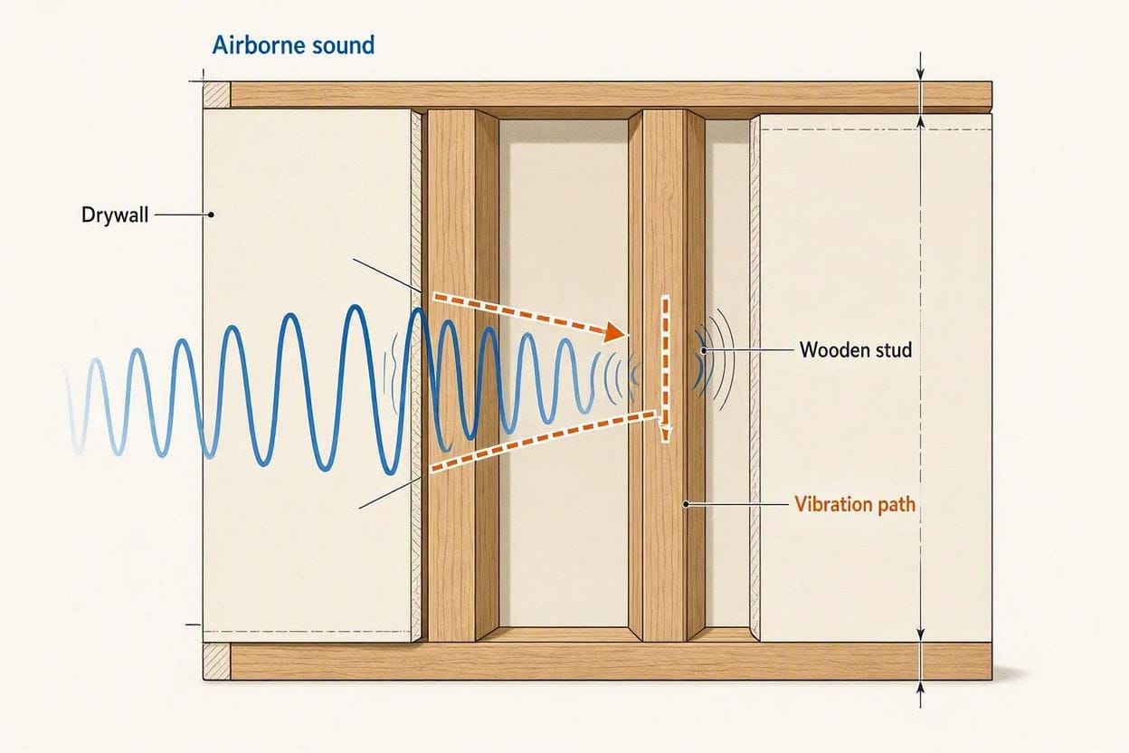 A scientific diagram showing the structural transmission of sound waves vibrating through wall studs and drywall