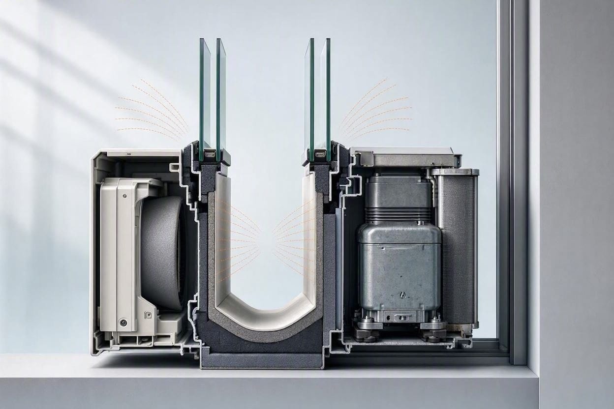 A scientific diagram showing how a U-shaped window AC uses the window sash to block compressor noise