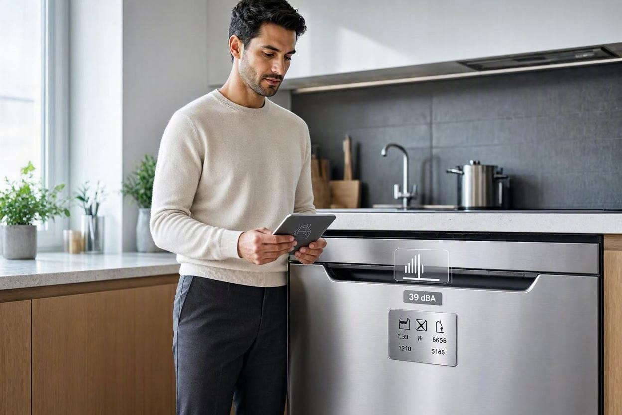 A person checking the decibel rating on a new, quiet kitchen appliance