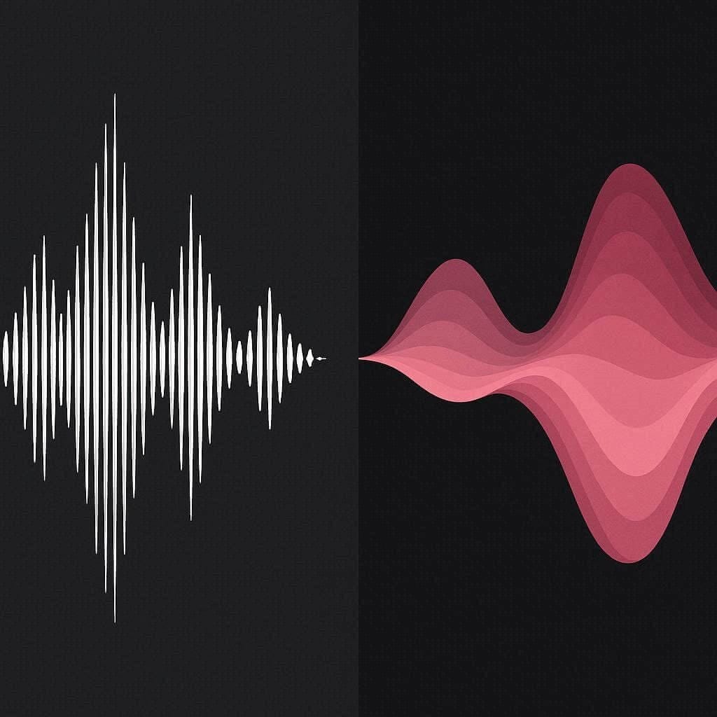 A side-by-side visual representation comparing the sharp sound waves of white noise to the smooth, low-frequency sound waves of pink noise.