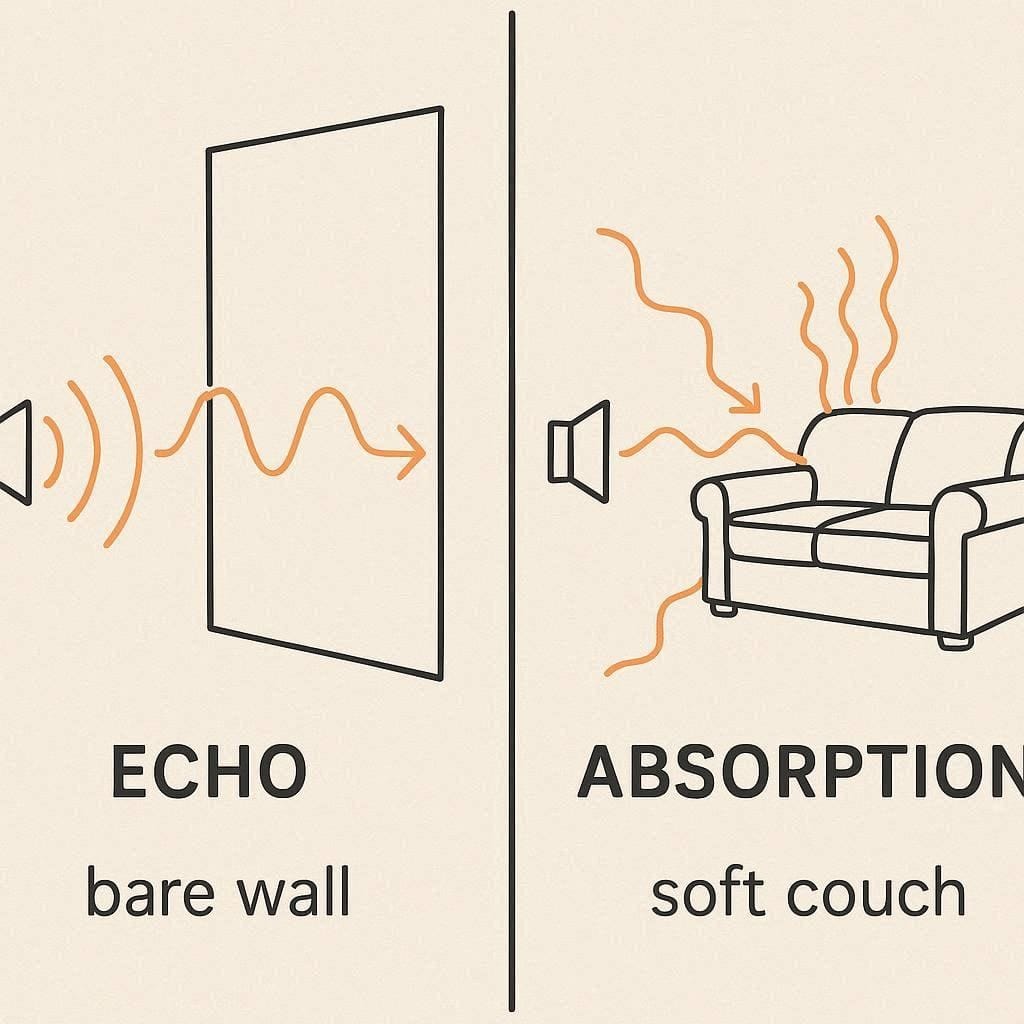 Physics diagram showing how soft furniture absorbs acoustic sound waves to prevent echoes
