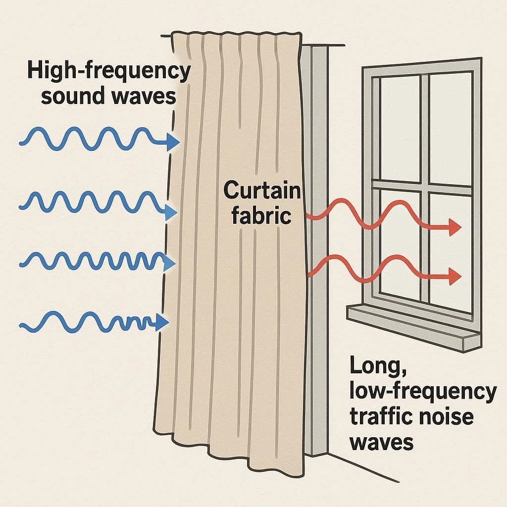 Physics diagram demonstrating how soundproof curtains absorb high frequencies but fail to block low-frequency traffic noise.
