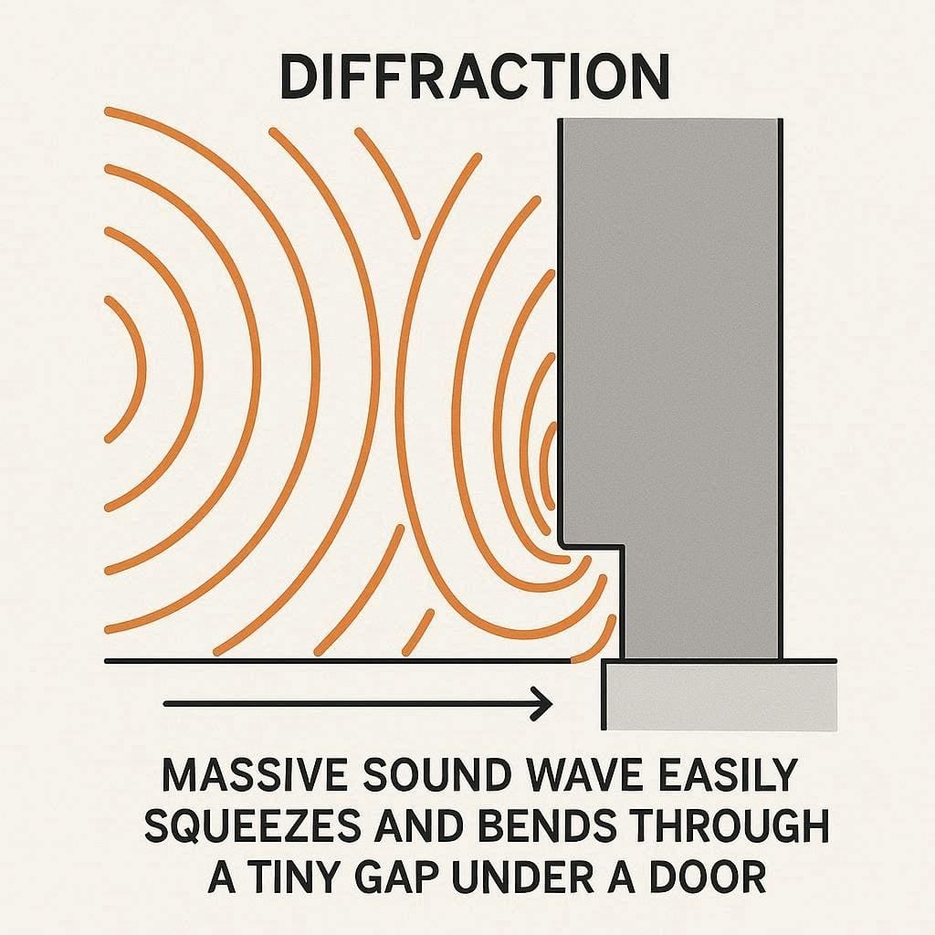 Physics diagram illustrating how airborne sound waves leak through a 1% air gap under a door.