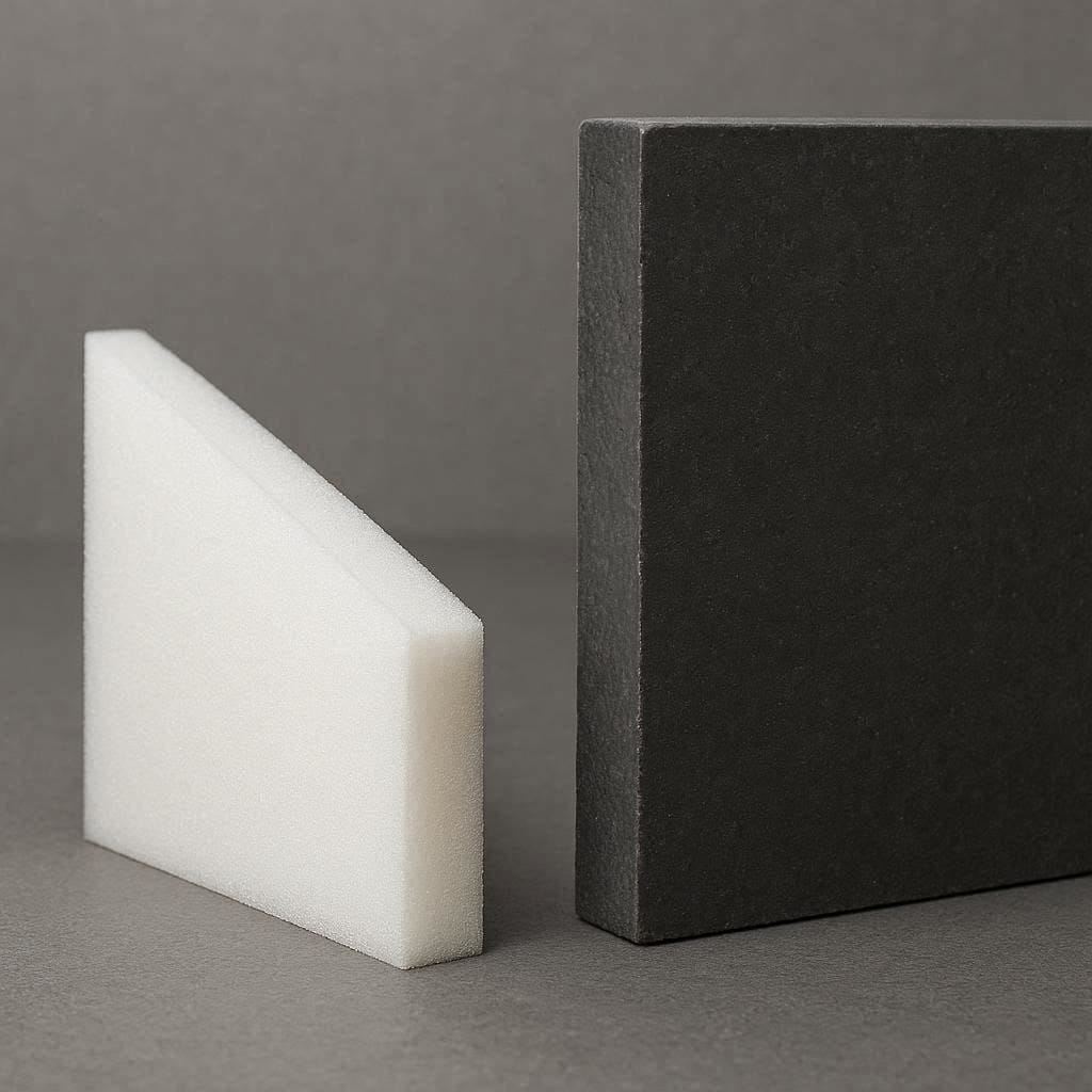 Visual comparison of lightweight acoustic foam versus dense mass loaded vinyl for soundproofing.