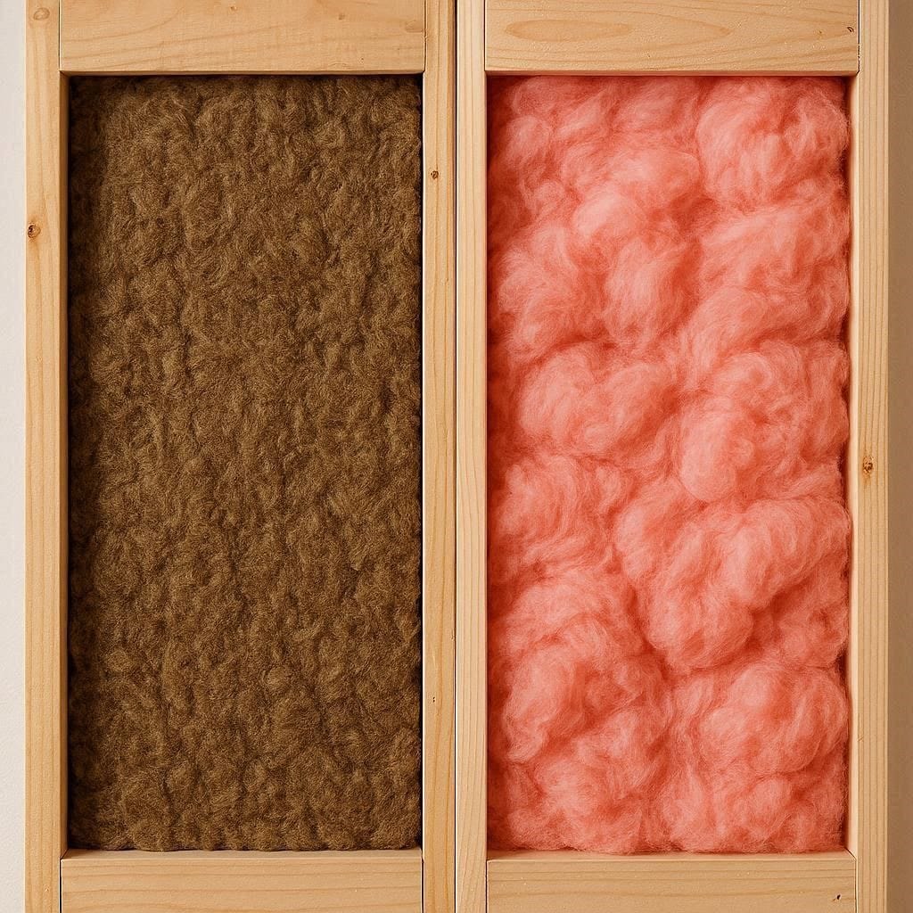 Visual comparison of mineral wool and fiberglass insulation installed inside wood studs.