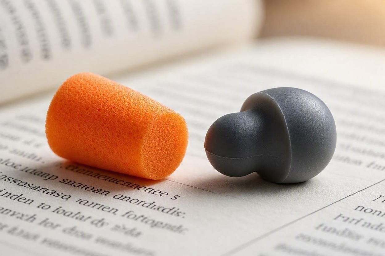 A visual comparison of a cheap foam earplug versus a premium silicone earplug for studying