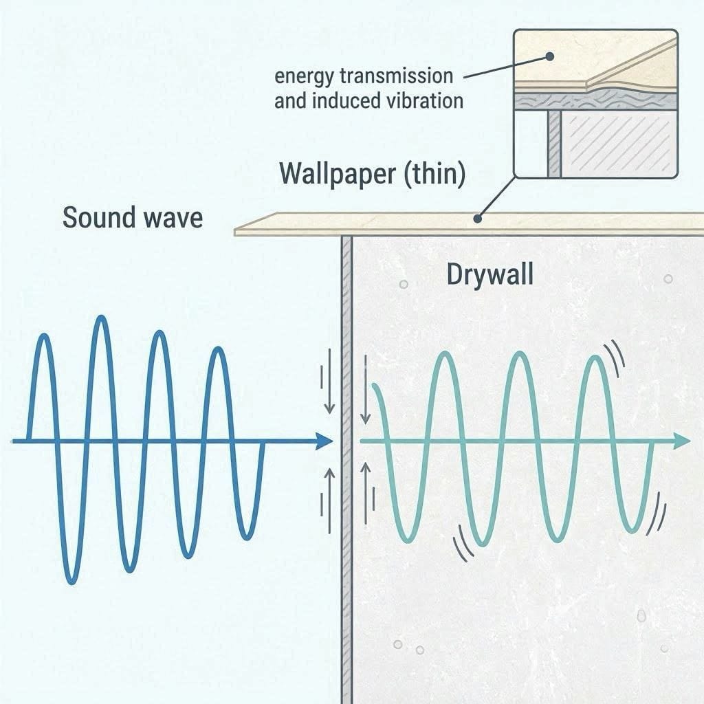 Physics diagram demonstrating how kinetic sound waves easily pass through soundproofing wallpaper.