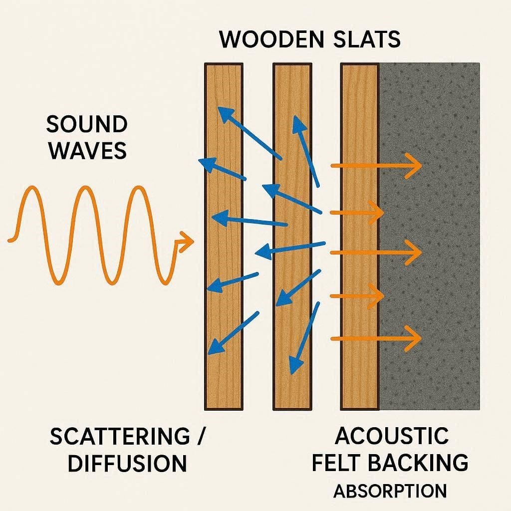 Acoustic diagram showing how wood slats diffuse sound waves while the felt backing absorbs them.