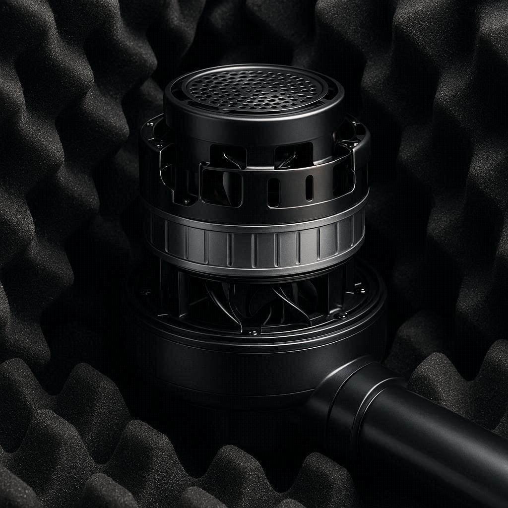 A minimalistic diagram of a premium vacuum motor surrounded by acoustic soundproofing foam