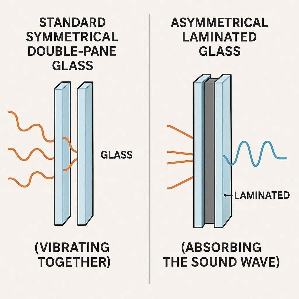 Acoustic physics diagram showing how asymmetrical glazing and PVB laminated glass block low-frequency noise