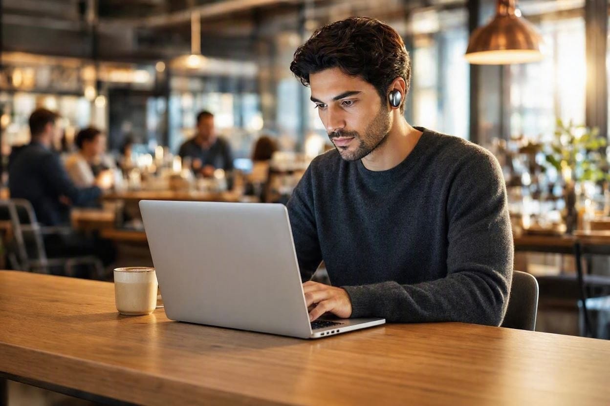 A focused student wearing sleek noise-canceling earplugs while studying on a laptop in a busy cafe
