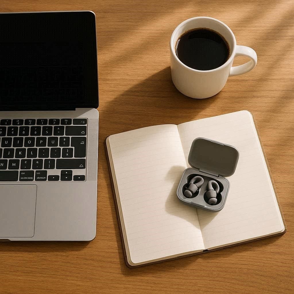A pair of noise-canceling earplugs resting on a study desk next to a laptop and coffee.