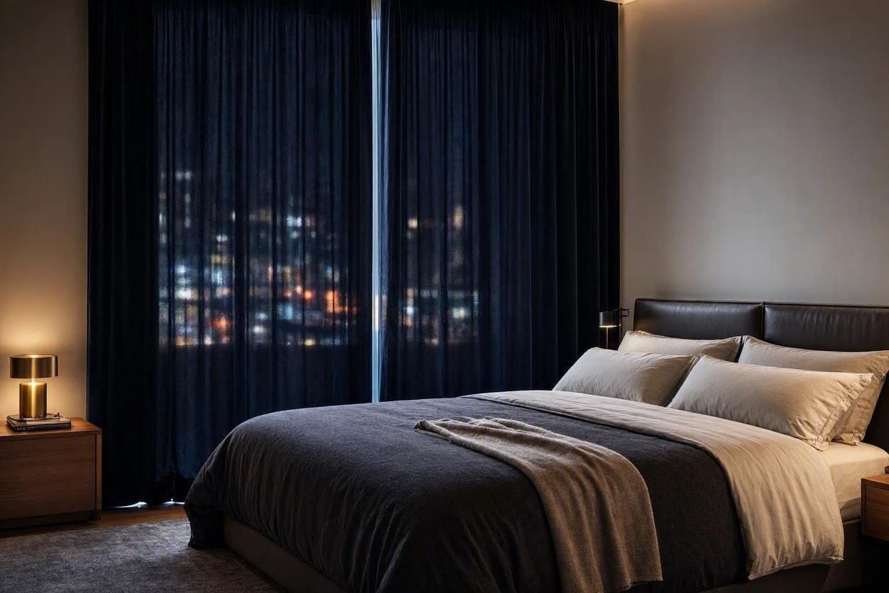 Heavy, thick soundproof curtains drawn over a bedroom window to block out city street noise at night