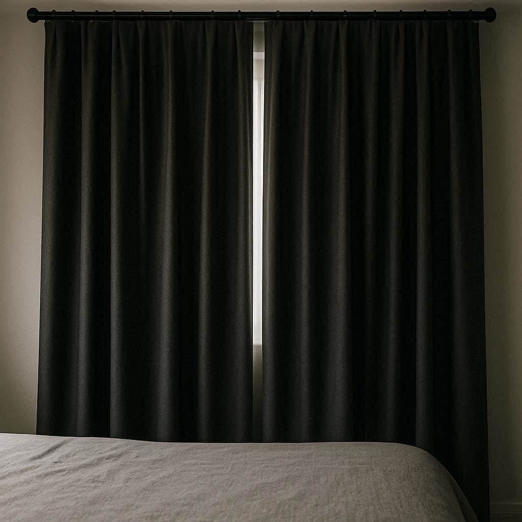 Thick, heavyweight soundproof curtains drawn closed over a bedroom window to block out street noise.