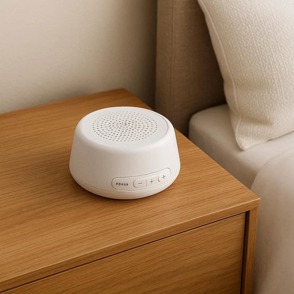 A small white noise machine resting on a nightstand to help block out ambient noise for deep sleep.