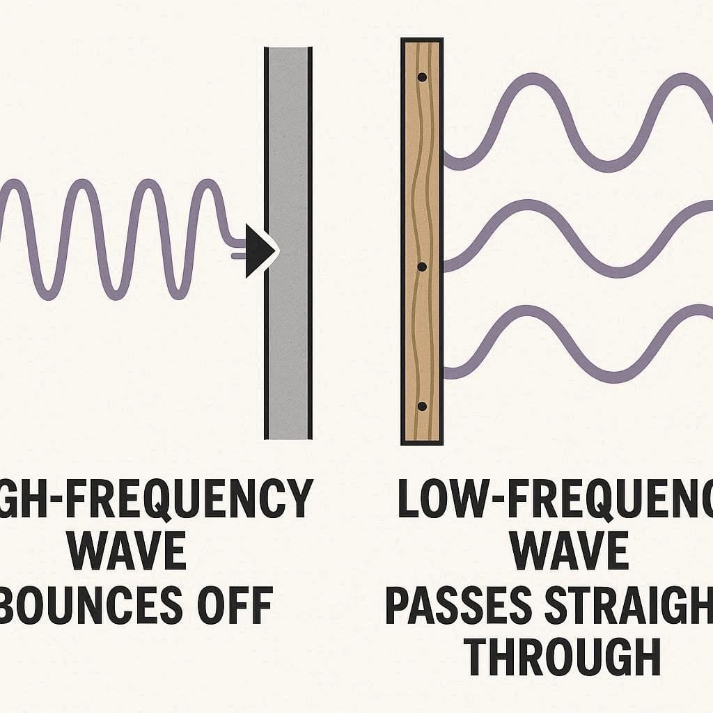 Scientific diagram showing how to block low frequency noise and bass waves.