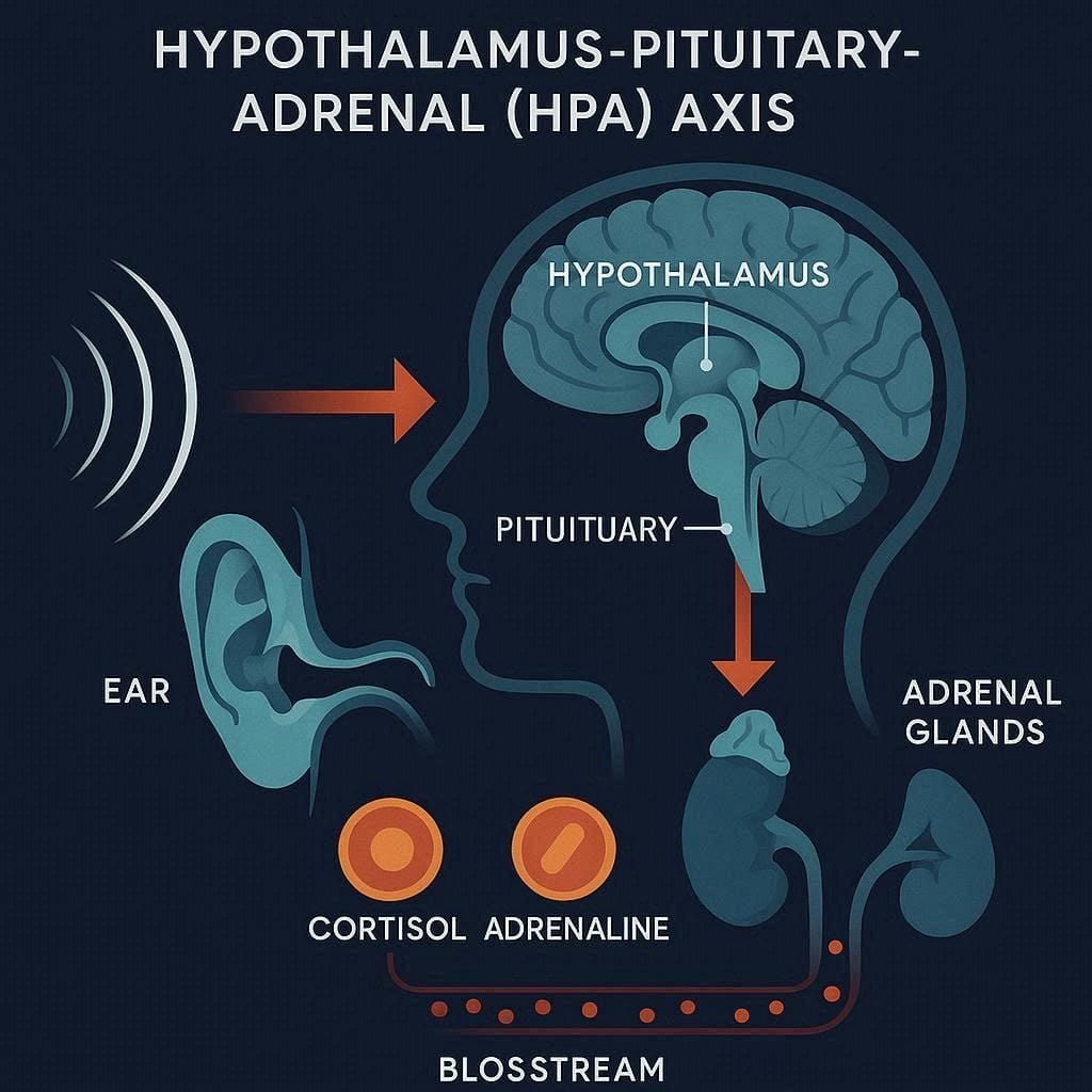 Diagram showing how auditory stimulation from nighttime noise triggers cortisol release.