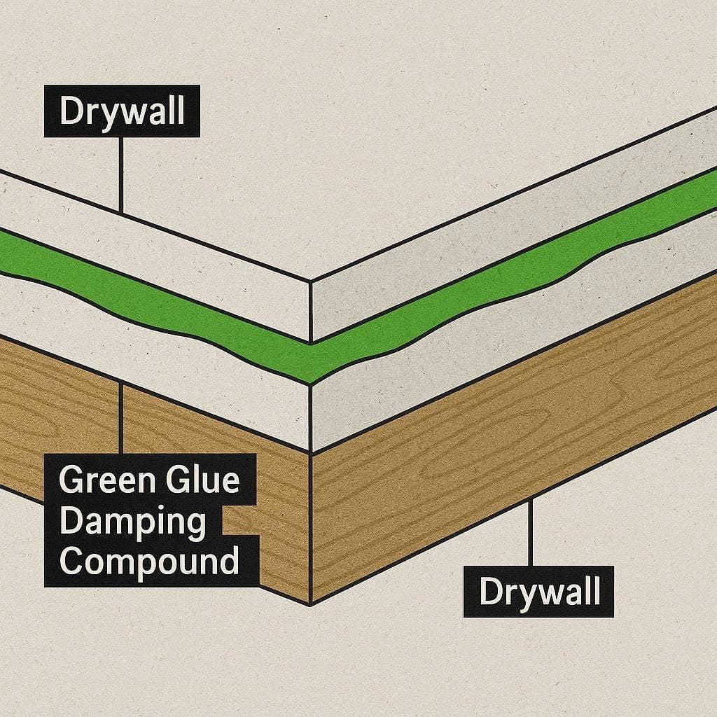 Architectural diagram of viscoelastic damping compound applied between two layers of sheetrock.