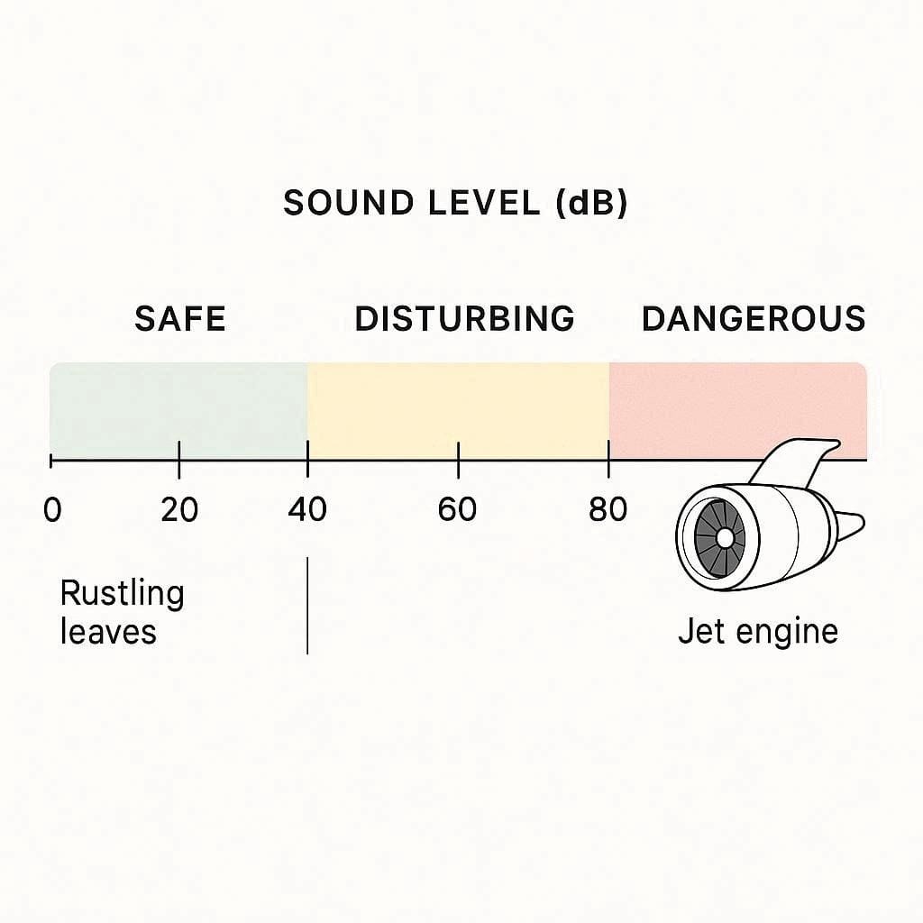 Visual chart mapping the decibel scale and safe sound levels for human hearing.