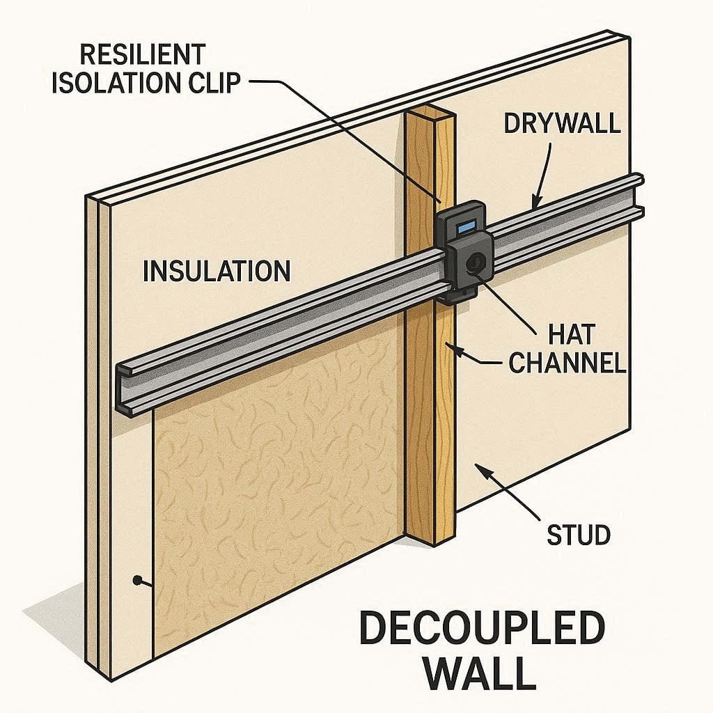 Diagram of a decoupled drywall assembly used to stop low frequency structural vibrations.