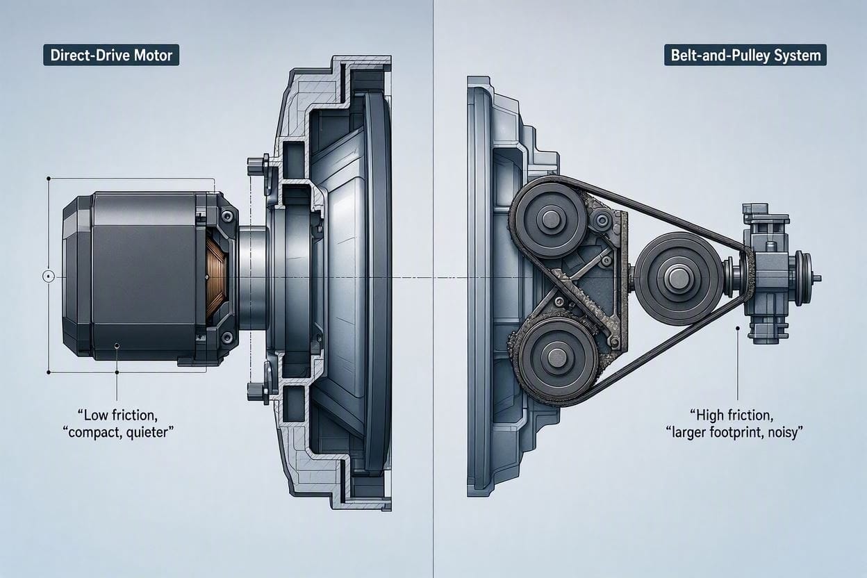 A scientific diagram showing how a direct-drive motor eliminates noisy belts and pulleys in a washing machine