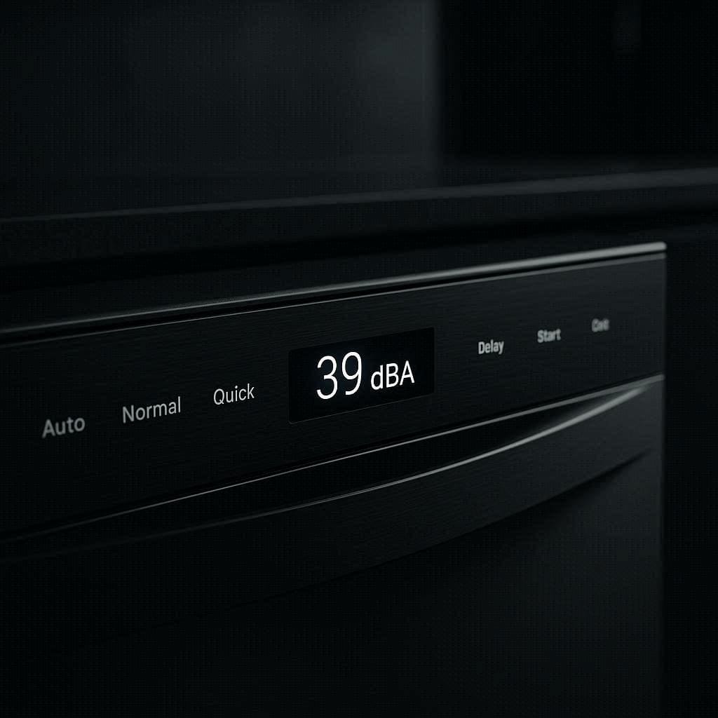 A clean, minimalistic graphic showing different decibel levels, highlighting 39-44 dBA as ultra-quiet.