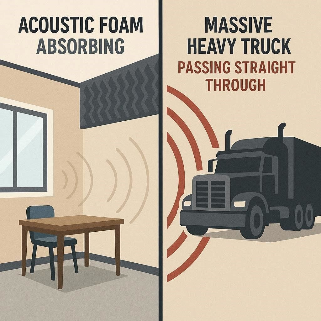 Diagram showing how acoustic foam panels absorb internal echoes but fail to block exterior noise.