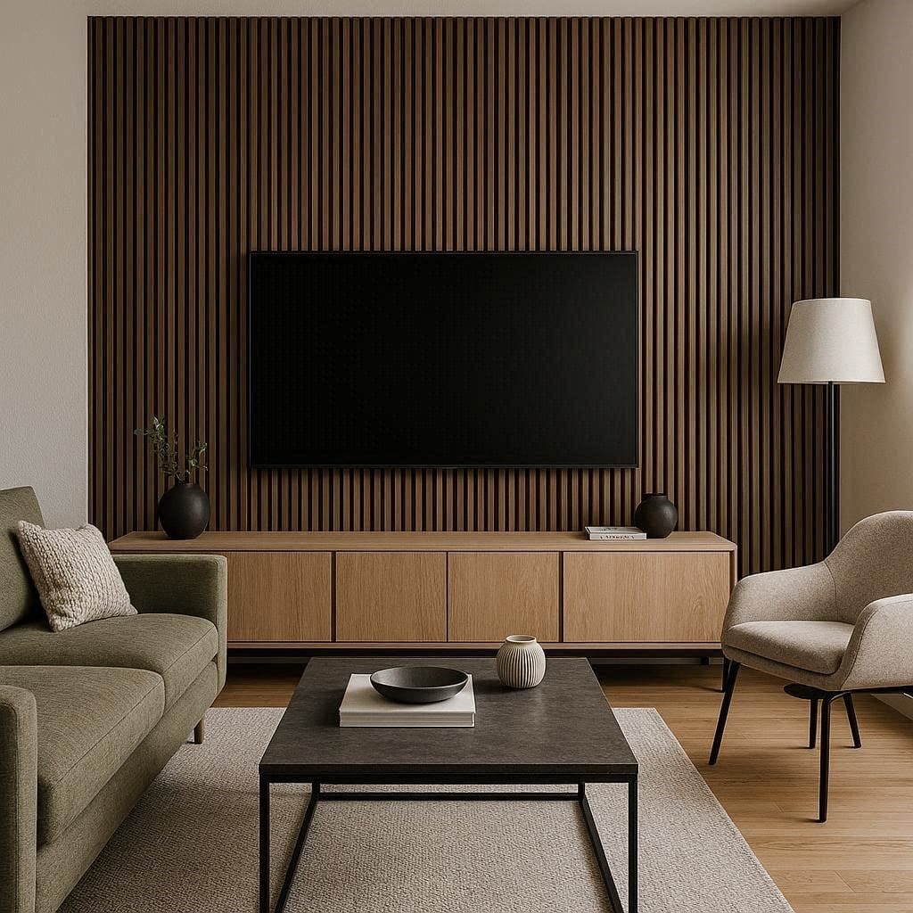 A modern home interior demonstrating if do acoustic wood panels work for room acoustics.