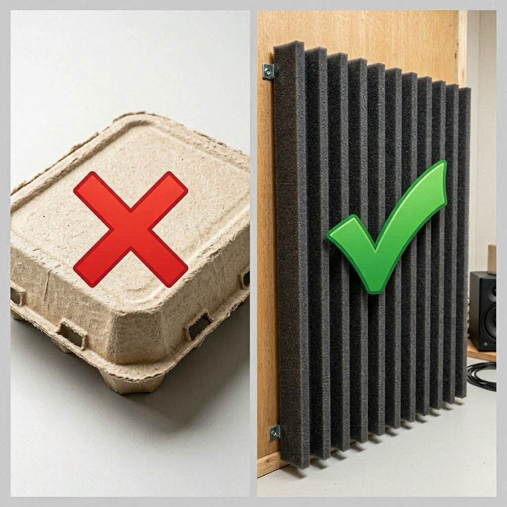 Visual diagram answering the question do egg cartons work for soundproofing by comparing them to real acoustic panels.