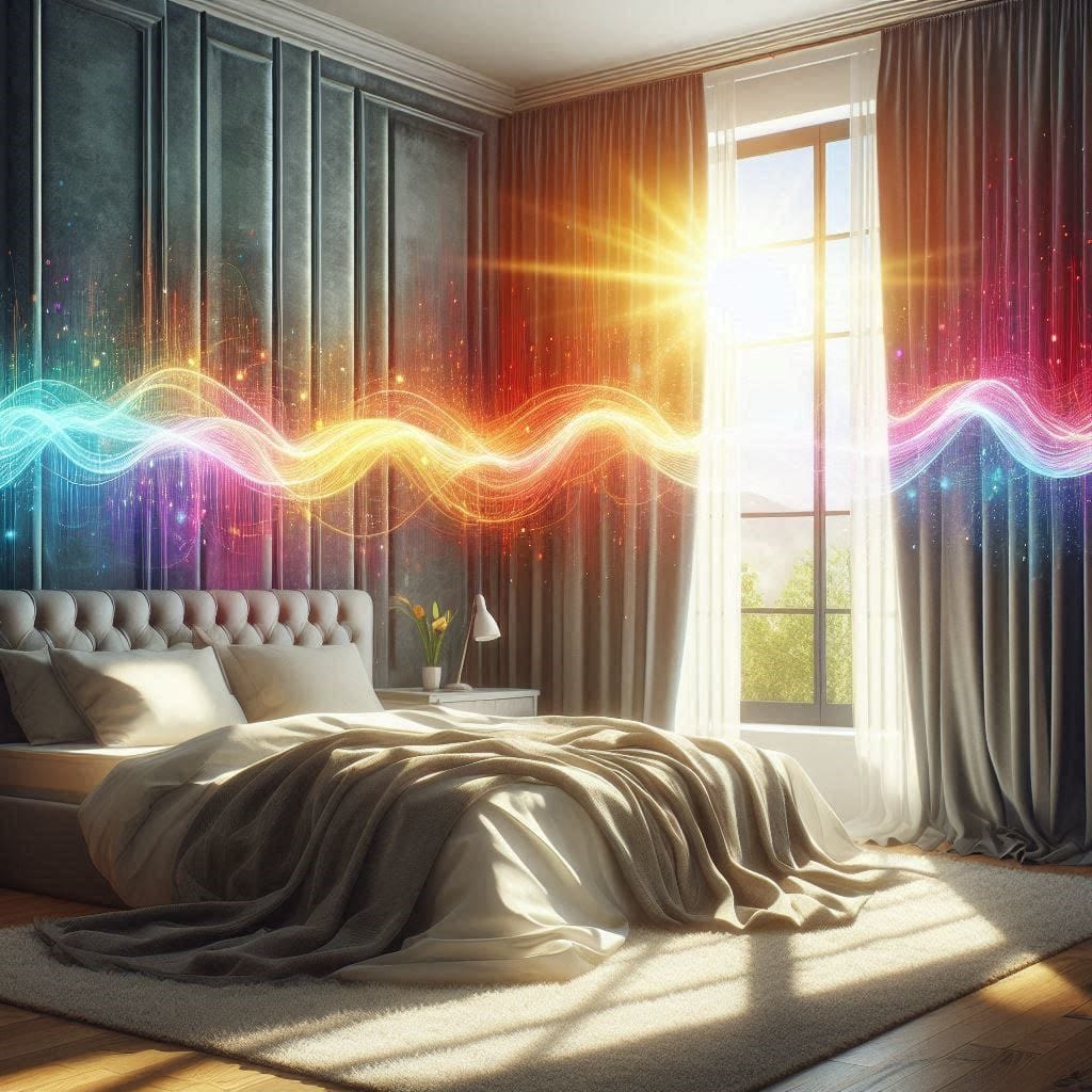 Heavy velvet soundproof curtains hanging over a bedroom window to reduce noise.