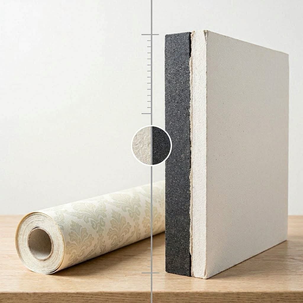 Visual comparison showing why thin acoustic wallpaper fails to block sound compared to dense drywall.