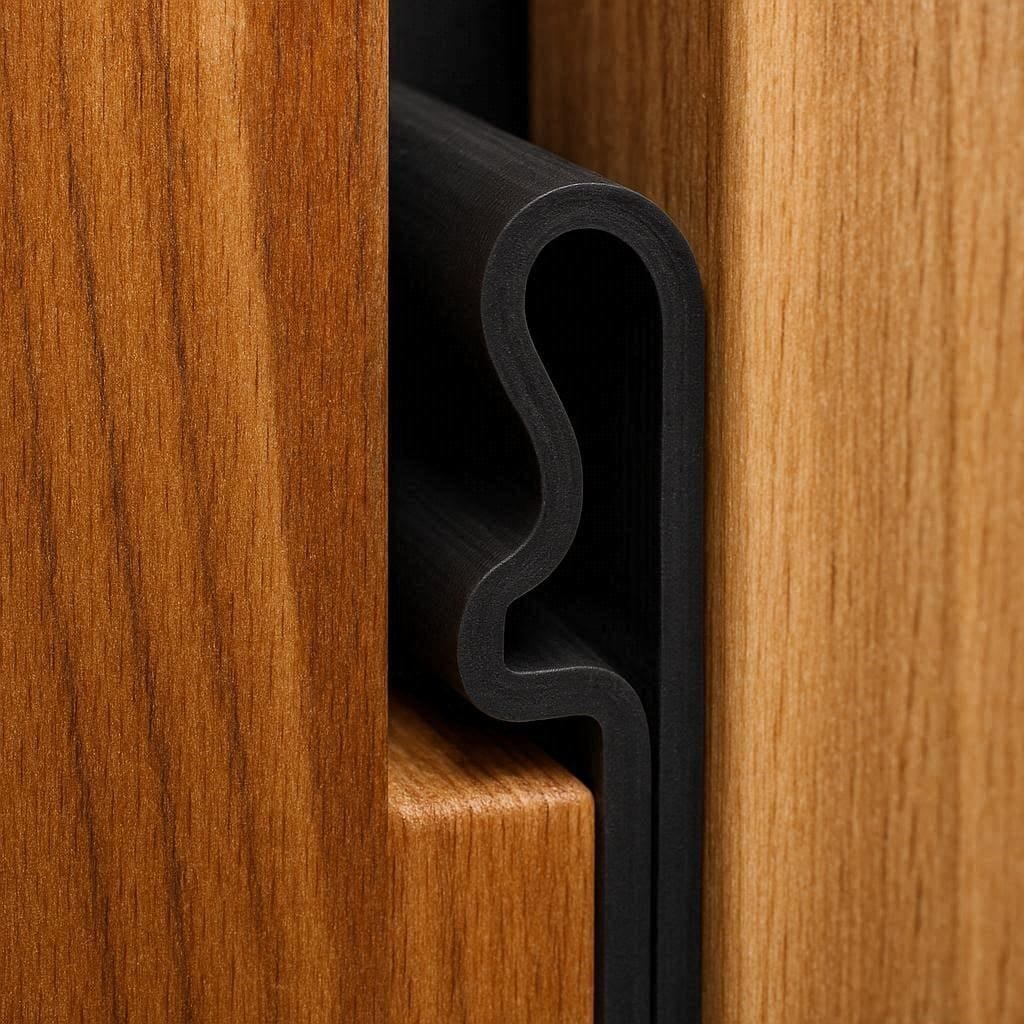 Close-up of acoustic weatherstripping compressing against a closed door to block noise.