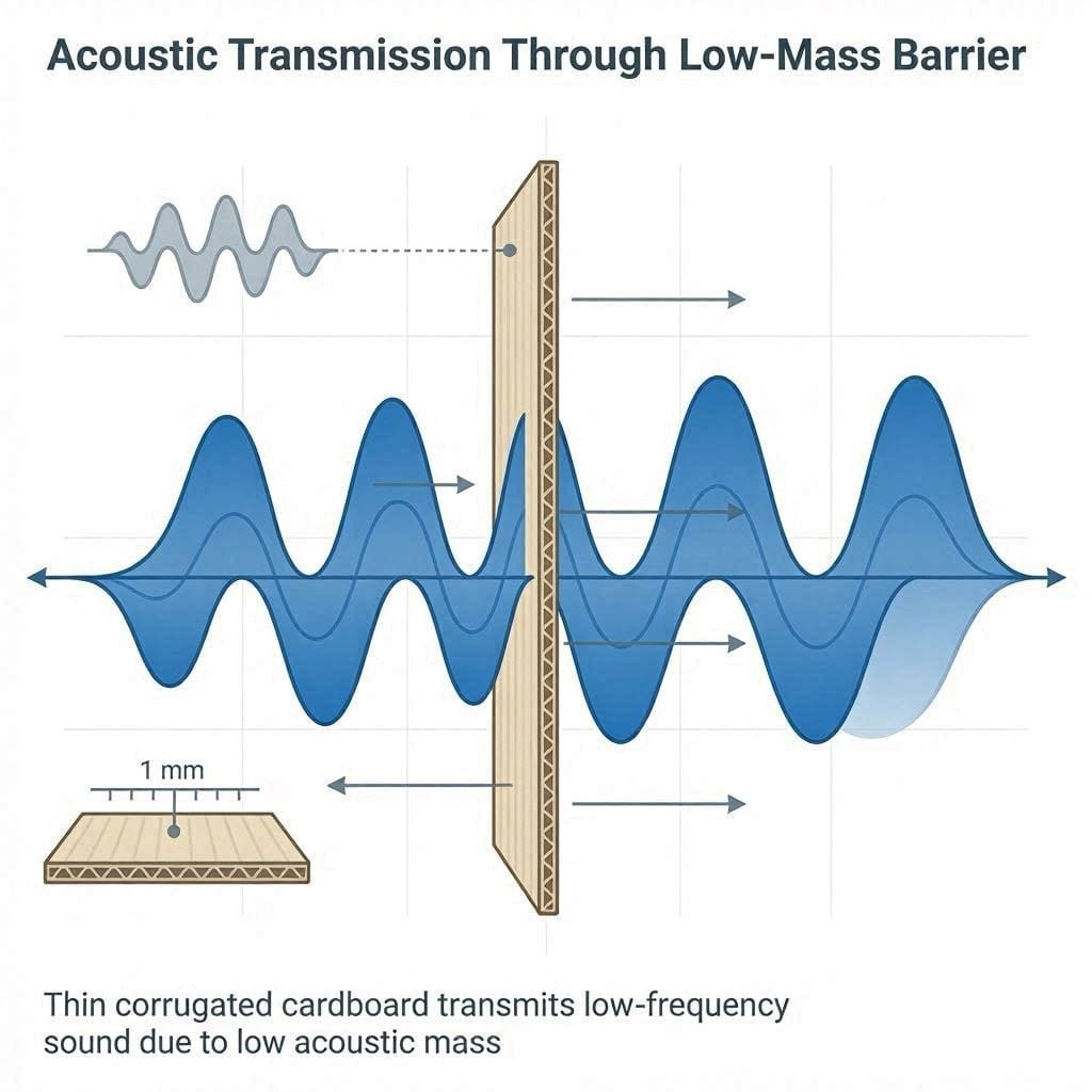 Physics diagram demonstrating why cardboard lacks the mass required to block sound waves.