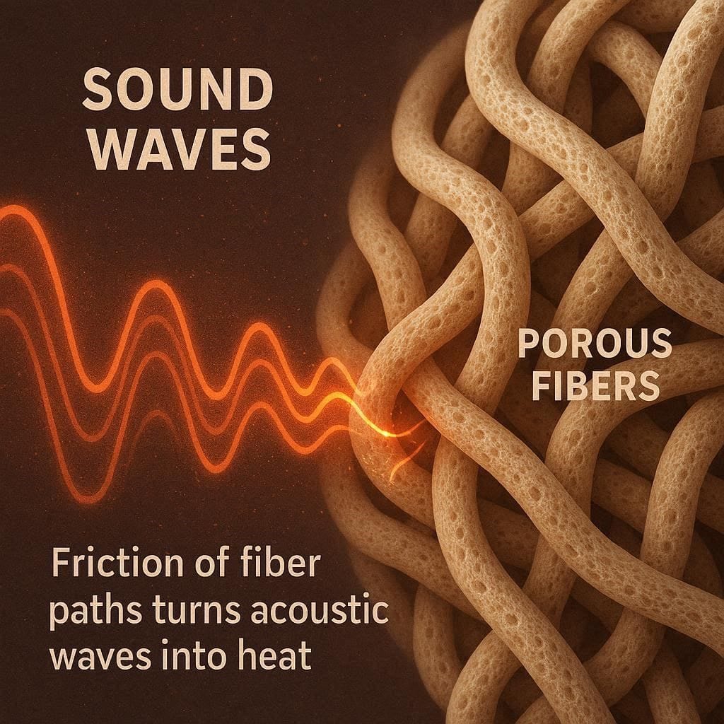 Scientific diagram of sound waves absorbing through porous mineral wool and fiberglass fibers.