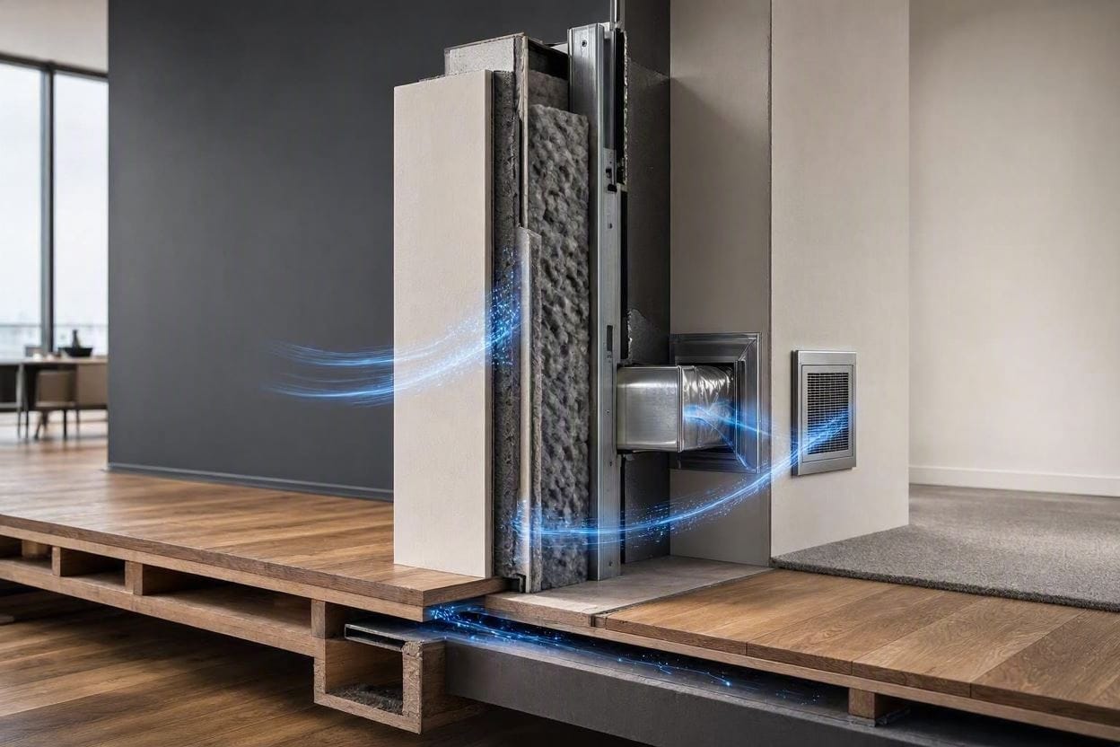 A 3D architectural cross-section showing sound waves bypassing a wall through flanking paths like ducts and floorboards