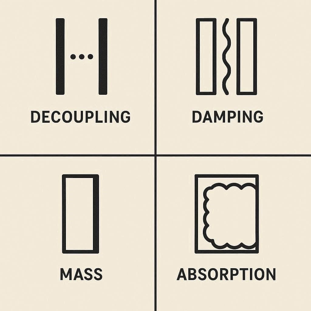 Infographic illustrating the four physical principles of soundproofing: decoupling, damping, mass, and absorption.