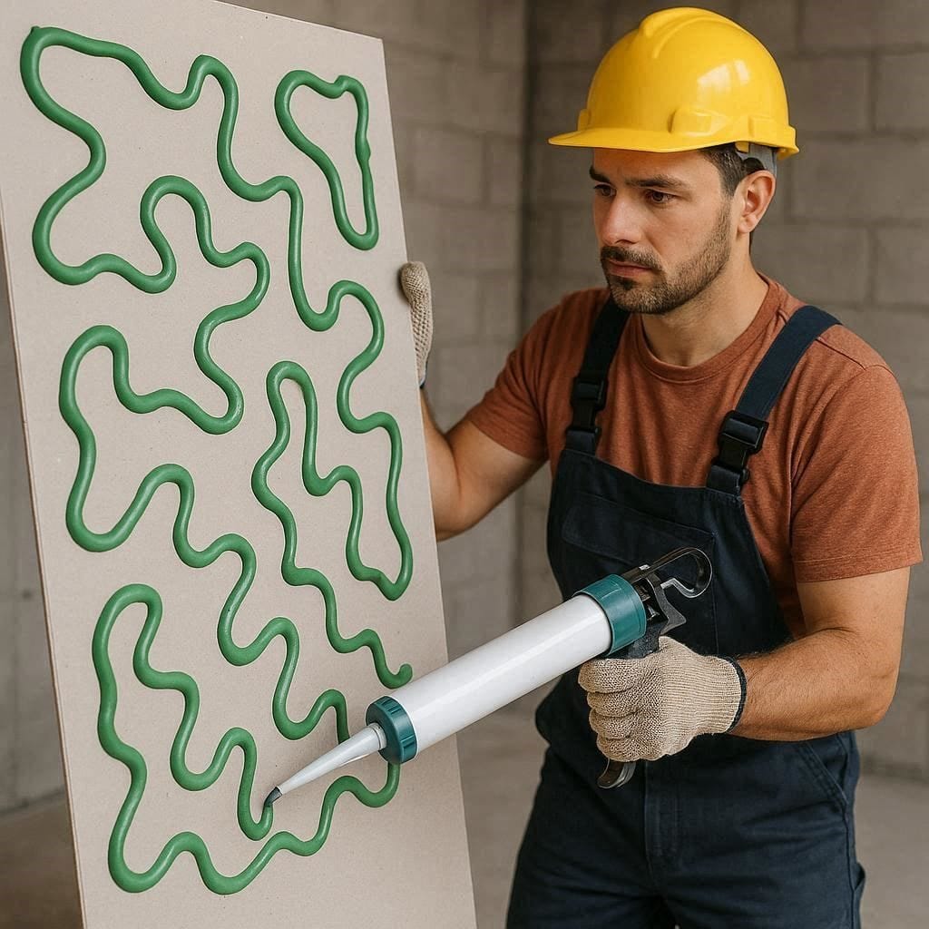 Applying green glue soundproofing compound to a sheet of drywall.