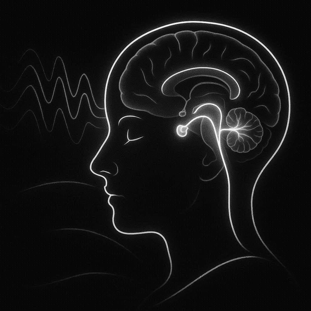 Illustration of the human brain processing environmental noise during sleep, triggering stress pathways.