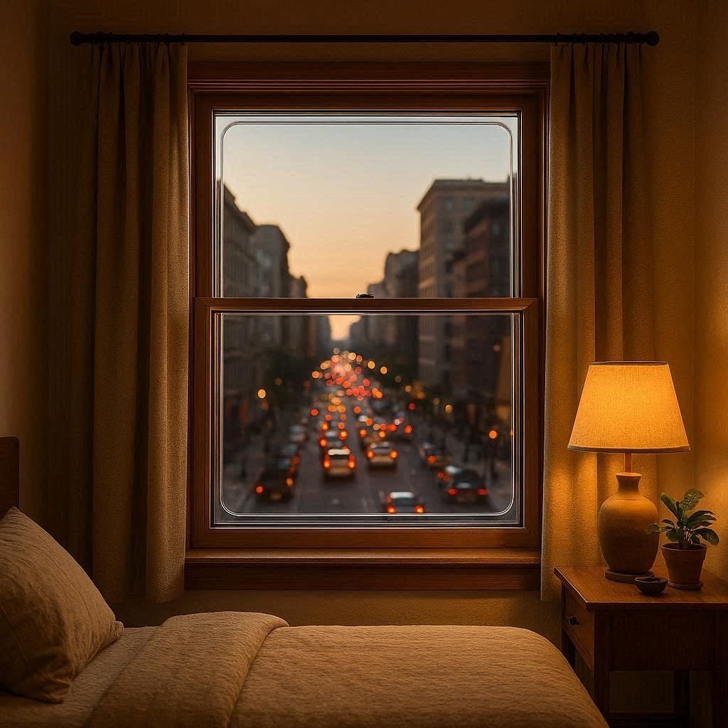 A custom acoustic window insert installed in a bedroom window to block street noise