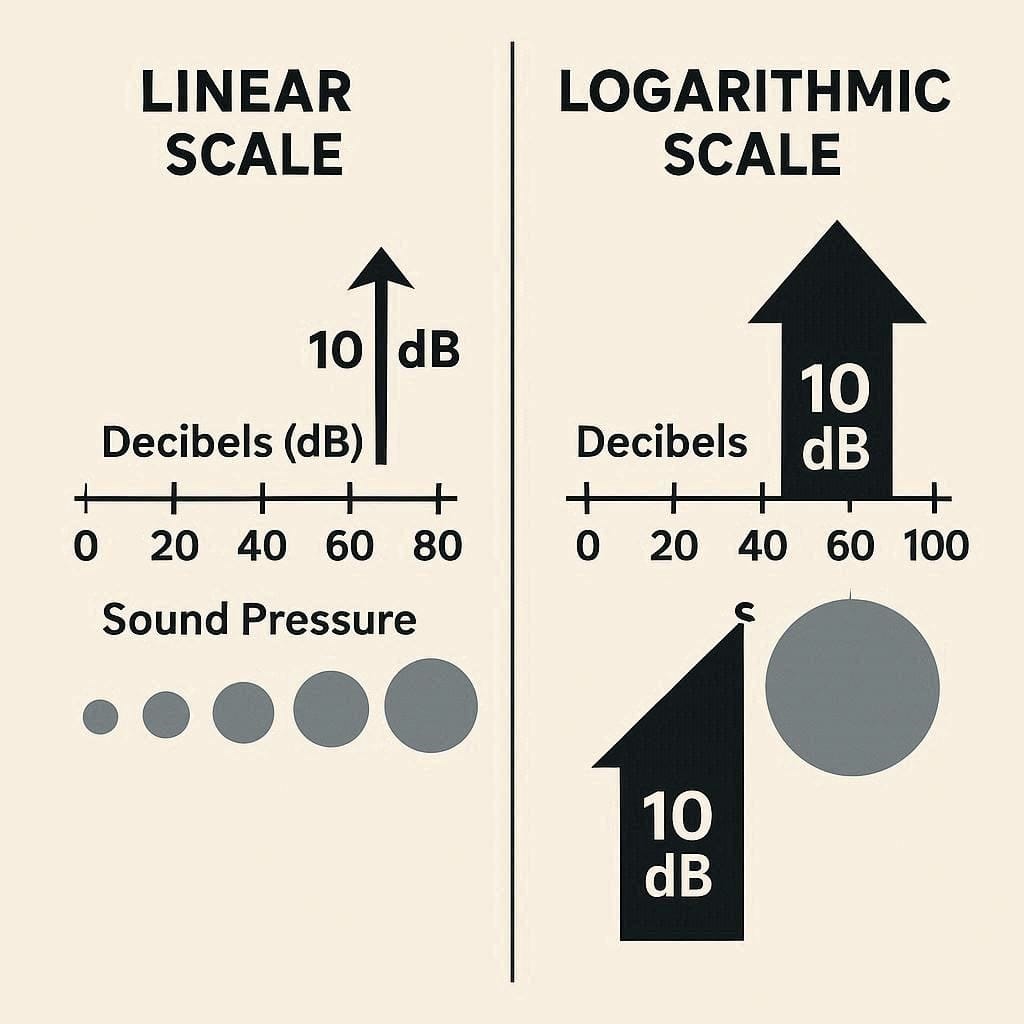 Diagram comparing linear scaling with the logarithmic decibel scale.