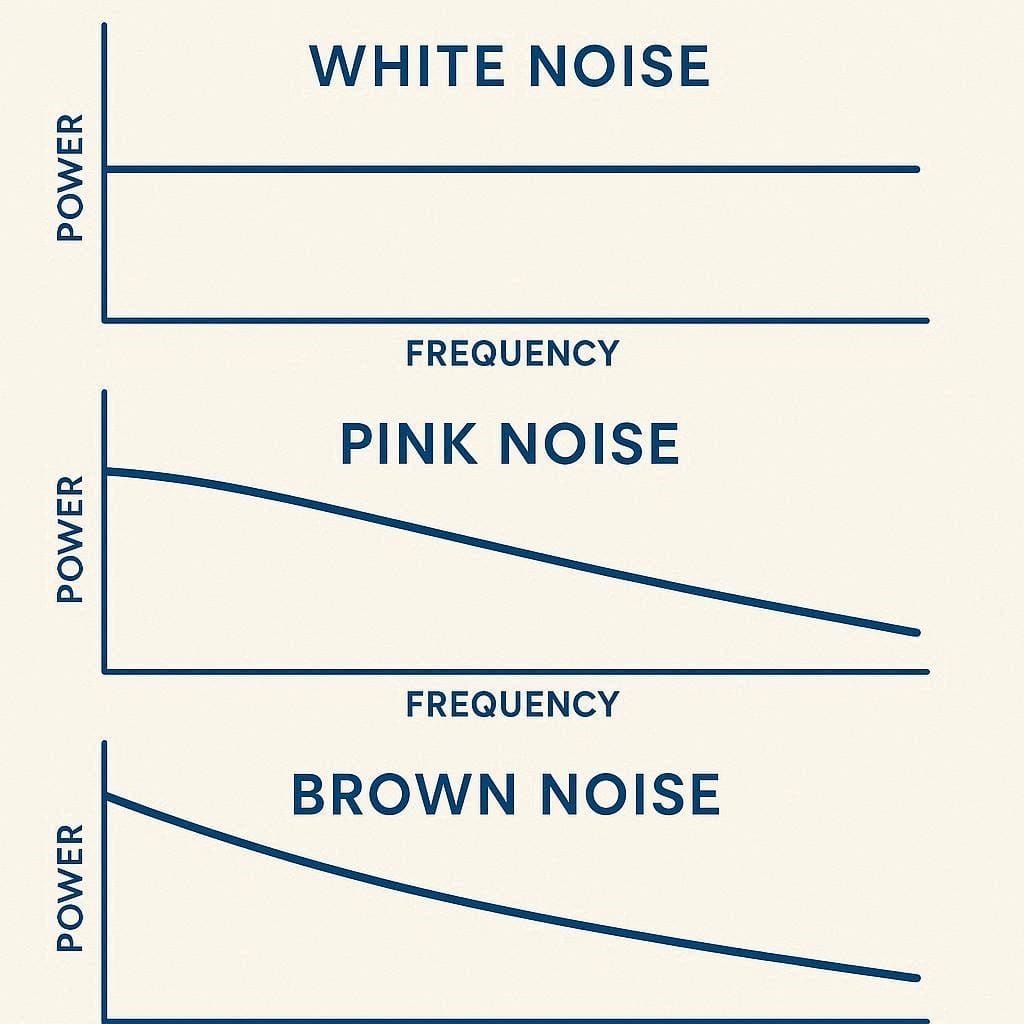 Infographic chart comparing the acoustic frequency spectrums and decibel levels of white, pink, and brown noise.