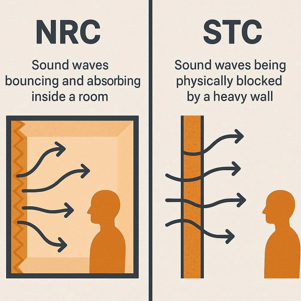 Visual infographic comparing Sound Transmission Class (STC) and Noise Reduction Coefficient (NRC).