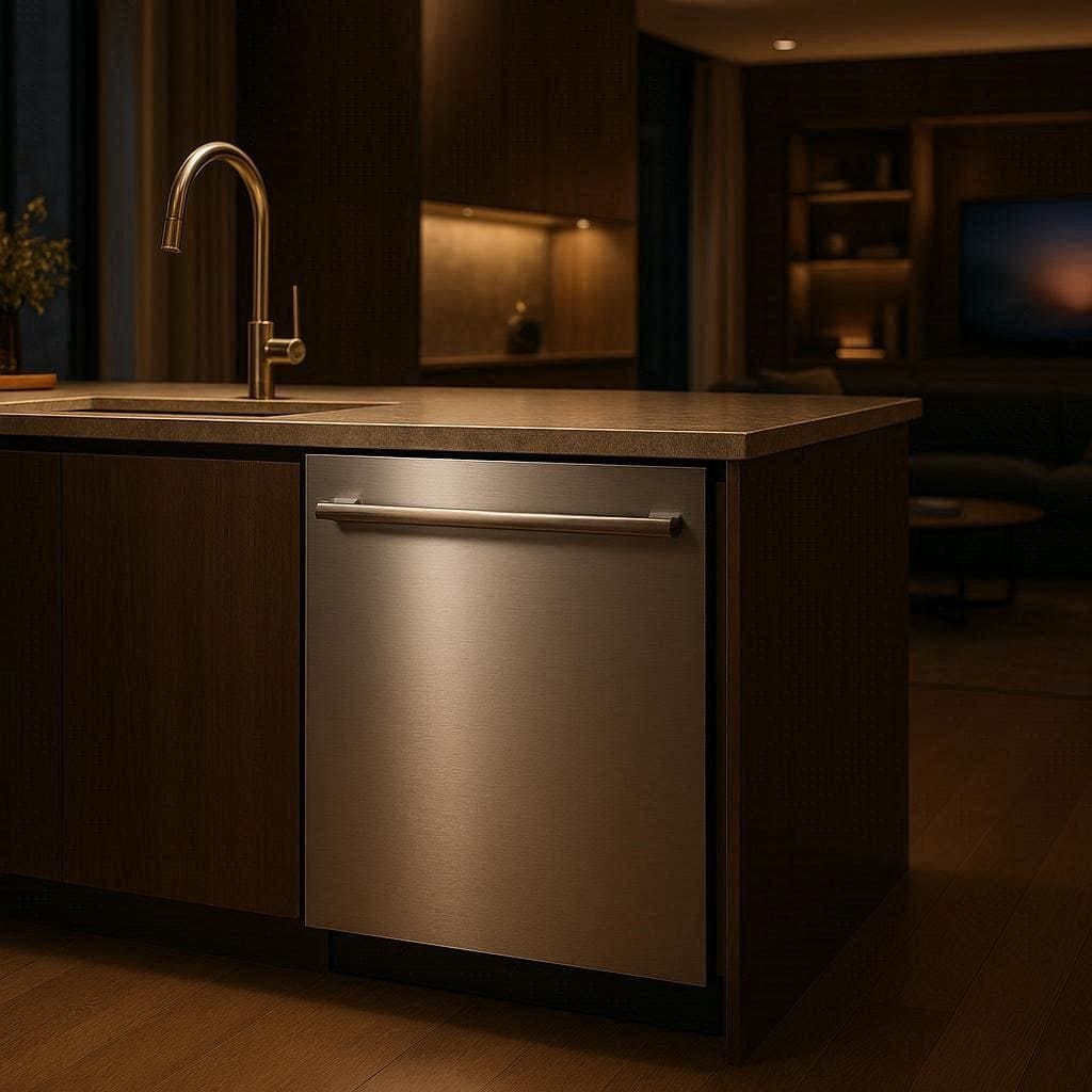 A sleek, stainless steel dishwasher seamlessly integrated into a modern, open-concept kitchen leading into a cozy living room.