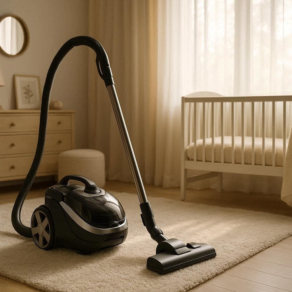 A sleek, modern canister vacuum cleaning a plush rug in a dimly lit, peaceful baby nursery.