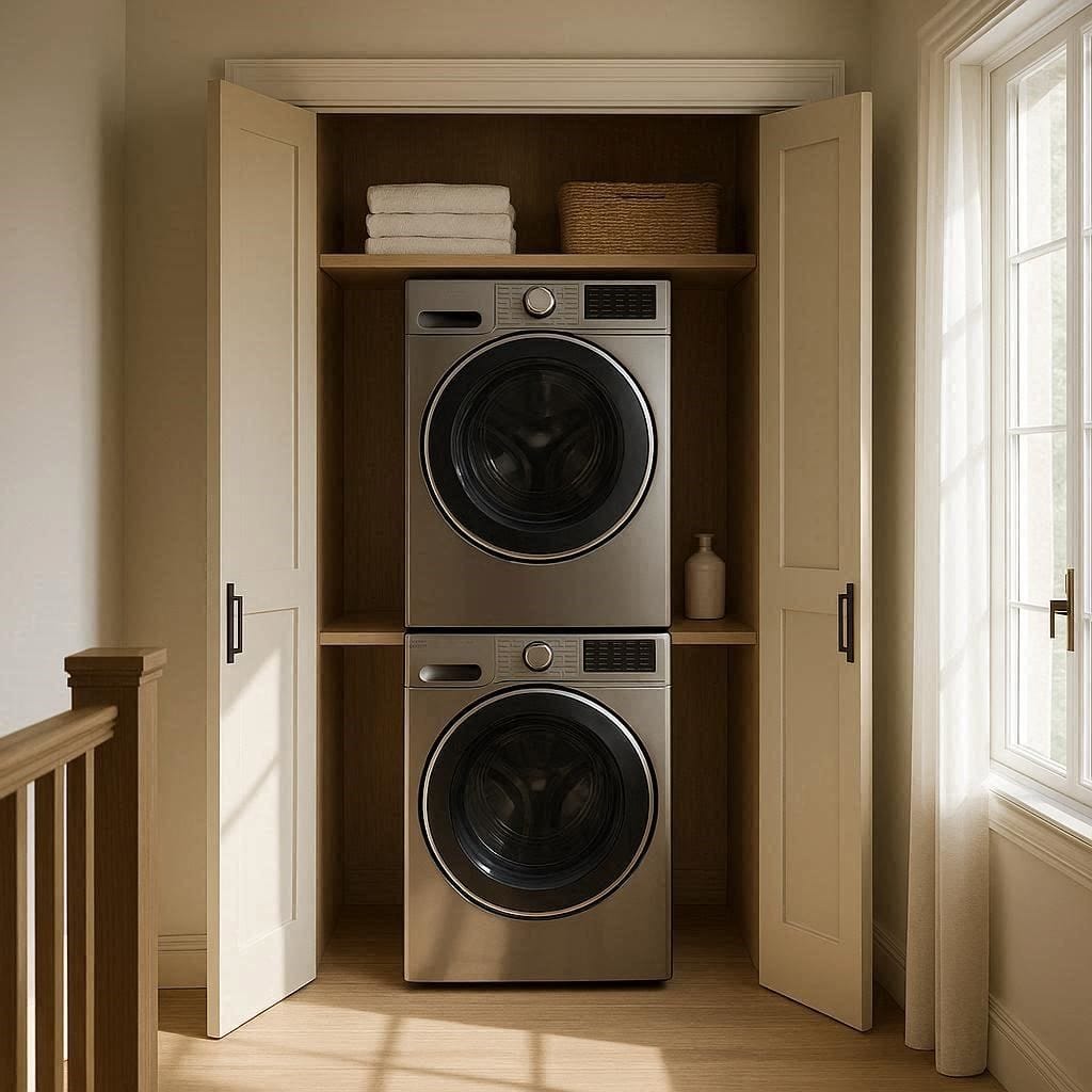 A premium front-load washing machine stacked neatly in a bright, modern upstairs laundry room.