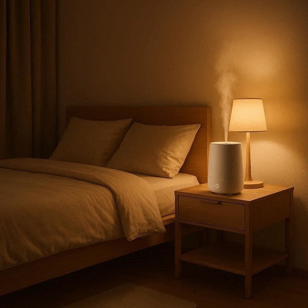 A sleek, quiet humidifier operating on a nightstand in a dark, peaceful bedroom.