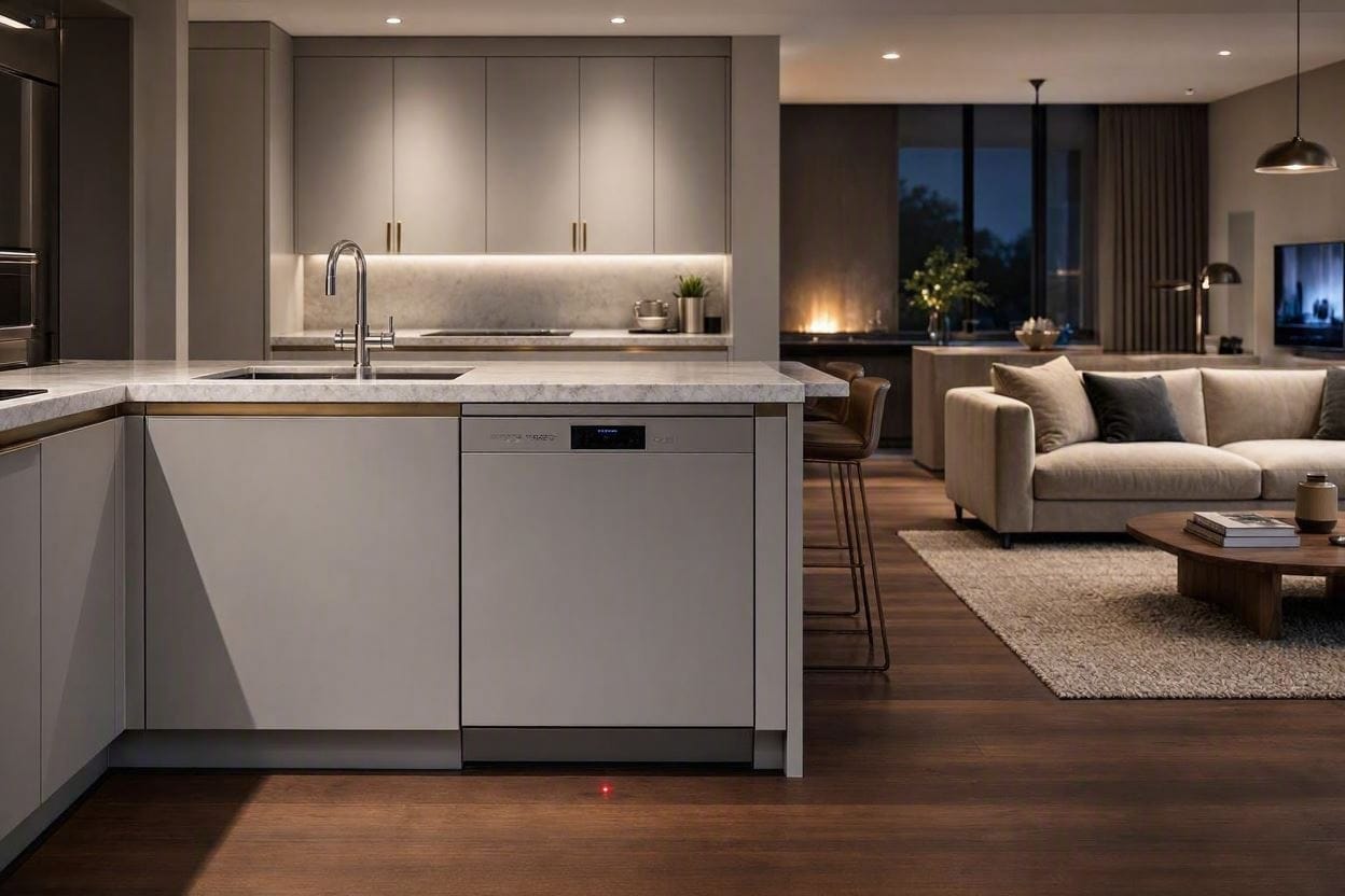 A sleek, ultra-quiet integrated dishwasher running silently in a modern open-concept kitchen and living room