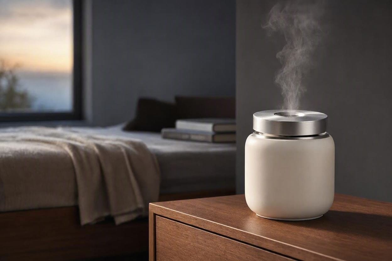 A sleek, quiet ultrasonic humidifier releasing a gentle mist on a bedroom nightstand at night