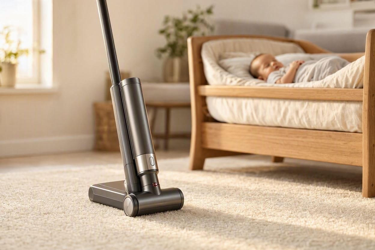 A sleek, ultra-quiet vacuum cleaner resting in a living room while a baby sleeps peacefully in the background