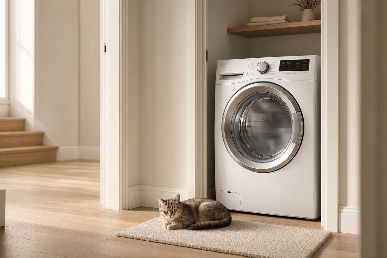 A sleek, ultra-quiet washing machine running silently in a second-floor hallway laundry closet